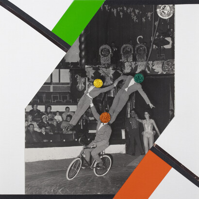 Maurizio Anzeri, Acrobatics, 2018
Embroidery, tape, brass, steel on found photograph, 9.5 x 9.5 inches. Courtesy of the artist and Haines Gallery