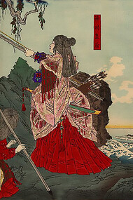 "Great Japan (Dai-Nihon) History Briefing Session, the 15th Empress Jingu." Expedition in Korea. The legendary Empress Jingu setting foot in Korea. Painting by Tsukioka Yoshitoshi in 1880. Takenouchi no Sukune (left side), Empress Jingu (middle), Waseda University Theatre Museum, Tokyo, Japan
