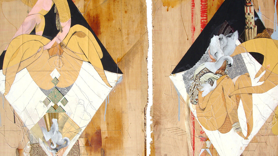 Monica Canilao, Swan Children 1 & Swan Children 2, 2009, mixed media, collaged paper, thread and tea bags on found board from an abandoned train station 

