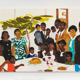 Marcus Leslie Singleton, Elliyoun 2023. Oil, spray paint, glitter, and adhesive on wood panels, Triptych, overall: 60 by 128 in. 152.4 by 325.1 cm. Courtesy of Mitchell-Innes & Nash