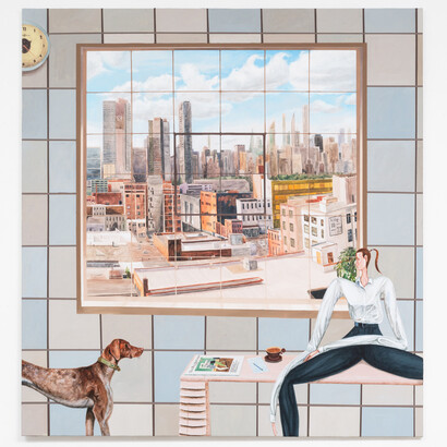 Charlie Roberts, Office in Greenpoint, 2023,
acrylic on linen, 63x59.1 inches. Courtesy the artist and Anna Zorina Gallery
