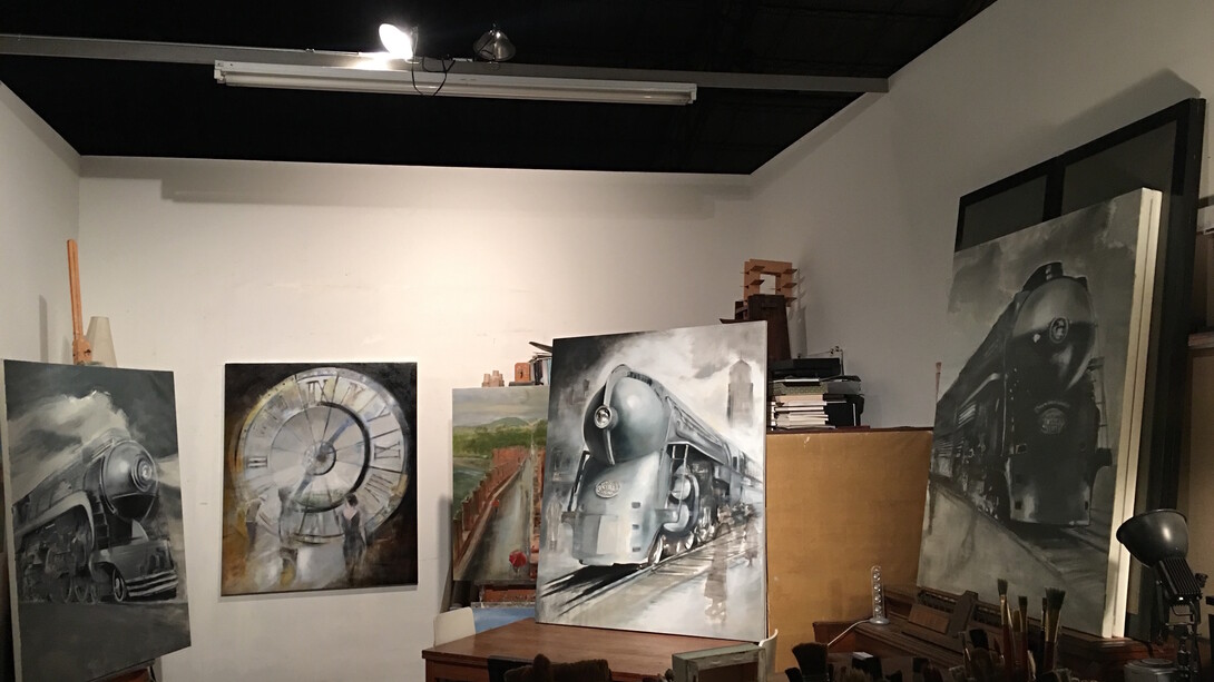 Gregg Chadwick L to R: Studio shot of Night Train {The Tennessean), Station to Station (Museé d’Orsay), Mystery Train (20th Century Limited), Empire State Express - all 60"x48" oil on linen 2016 and a half hint of Ponte di Castelvecchio (Verona) 48" x 36" oil on linen	  2016