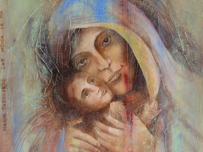 Luigi Salvatori, Eleusa theodokos, Maria madre di dio, che indica la via, acrilico su tela cm 60x50, 2024