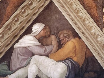 Michelangelo Buonarroti, vela sopra Giosia, Ieconia e Salatiel, "Antenati di Cristo", 1508-10 circa. Cappella Sistina, Città del Vaticano