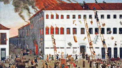 Obra de 1789 do pintor italo-brasileiro João Francisco Muzzi retrata o incêndio no antigo monastério de Nossa Senhora do Parto no Rio de Janeiro, Brasil