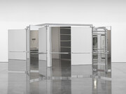 Carsten Höller, Revolving Doors, 2004-2016, Five mirrored three-winged revolving glass doors, aluminum, polypropylene panels, 219 11/16 × 219 11/16 × 89 3/4 inches (558 × 558 × 228 cm). Artwork © Carsten Höller. Photo by Rob McKeever. Courtesy Gagosian