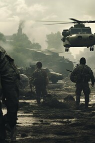 Soldiers walking through mud and ruins as a helicopter hovers above, representing the human toll within technologically driven conflict