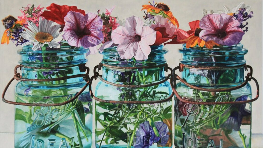 Peggie Blizard, Three Jars with Petunias (detail), oil on panel, 24 x 36". Courtesy of the artist and George Billis Gallery