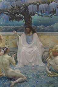 Jean Delville, Italia en 1898, influenciado por el estilo de pintura clásico y renacentista, y también por las tendencias espirituales esotéricas, que fueron fundamentales para su arte idealista. L'École de Platon, ("La escuela de Platón"). En la pintura, se representa a Platón enseñando a sus discípulos en un entorno ideal, y las figuras están dibujadas según un principio espiritual de androginia