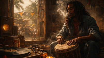 A solitary drummer in a Jamaican interior, where rhythm carries memory, resistance, and the unfinished struggle against Babylon