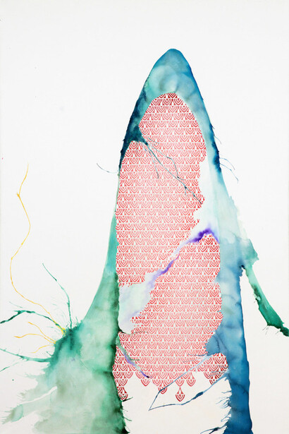 Sherin Guirguis, Untitled (Benben), 2023. Mixed media and 24K gold leaf on hand-cut paper, 60 x 40 in. Courtesy of Luis De Jesus Gallery