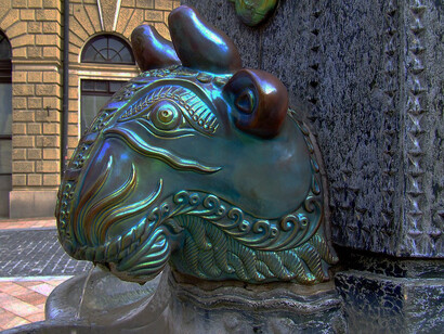 Zsolnay eosin-glazed fountain detail in Pécs, Hungary, built in 1912 – a symbol of the city