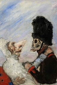 «Squelette arretant masques» (1891): a obra de James Ensor é famosa pelos seus desenhos e pinturas de máscaras e multidões que utilizou como crítica social da hipocrisia e da mentira