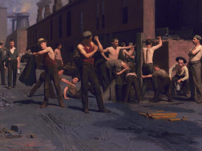 Thomas Pollock Anshutz, 'The Ironworkers' Noontime', 1880. Oil on canvas, 17 x 23 7/8 in. (43.2 x 60.6 cm). Gift of Mr. and Mrs. John D. Rockefeller 3rd
