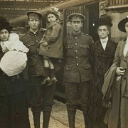 Soldiers from the Household Battalion leaving for the Front bid farewell to their families from a platform at Waterloo Station in 1916. Broom made several similar photographs. For many relatives, they served as final mementos, courtesy of Christina Broom/Museum of London