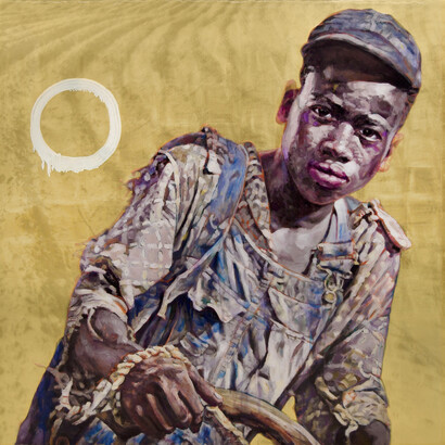Hung Liu, Plowboy-Gold, mixed media, 60x60 inches. Courtesy of Nancy Hoffman Gallery