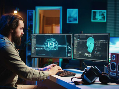 A man working with AI deep neural networks on a desktop PC, exploring technologies such as generative AI, AI chatbots, and machine learning
