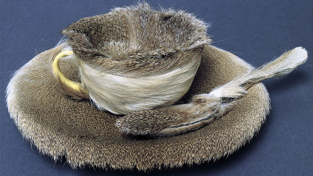 Meret Oppenheim. Object, 1936. Fur-covered cup, saucer, and spoon, cup 4-3/8 inches in diameter; saucer 9-3/8 inches in diameter; spoon 8 inches long," (The Museum of Modern Art, NYC).
