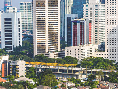 Aerial view of Jakarta’s financial district, highlighting rapid urban development and economic inequality in Indonesia’s capital