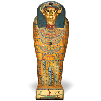 Inner Coffin of Meret-it-es, Egyptian, Late Period to Ptolemaic Period, 30th Dynasty to early Ptolemaic Dynasty, ca. 380-250 B.C.E Wood, pigment, gesso, and gilding, A (top): 6 feet 3 1/2 inches x 33 1/2 inches x 15 inches, B (bottom): 7 feet 3 inches x 32 1/2 inches x 8 1/2 inches. Purchase: William Rockhill Nelson Trust (by exchange), 2007.12.2.A,B.