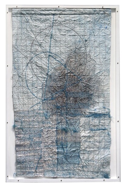 Maria Lai, Mappa celeste, 1991, filo e ricamo su tessuto 104 x 70 cm