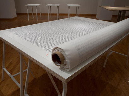 Judith Leemann, reading aloud: stories about a coyote, 2013; digitally printed cotton; 102 ft. x 44 in. Courtesy of the artist. Photo: Columbia College Chicago Center for Book and Paper Arts.