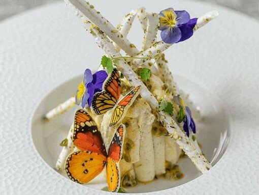 brasserie of light food optimized with butterflies and flowers