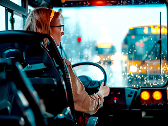 A portrait of a blonde woman driving a bus