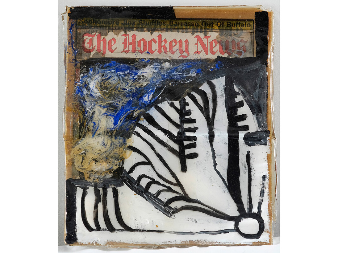 Mark DeLong, You are Beautiful Sometimes, 2014, acrylic pain, sour cream and resin on newspaper, 15h x 13w in.
