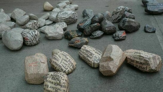 Joshua Neustein, Loss of Title, Paper Mache stones and other stones, dimensions variable, Courtesy LYNCH THAM & UNTITLED, NY
