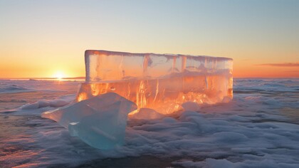 A glowing block of ice under a rising sun; a stark reminder of what’s melting away as nations falter on climate commitments