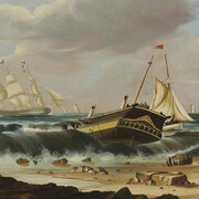 Thomas Chambers
American, born England, ca. 1808‒1869
Rockaway Beach, New York, with the Wreck of the Ship “Bristol”
ca. 1837‒40
Oil on canvas
21 ¾ x 30 3/8 in. (55.2 x 77.2 cm)
Sidney and Lois Eskenazi Museum of Art, Morton and Marie Bradley Memorial Collection