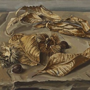 Edmund Chamberlain, Still Life with Horse Chesnuts and Leaves, Oil on canvas, 8 x 9 /20 x 23 cm