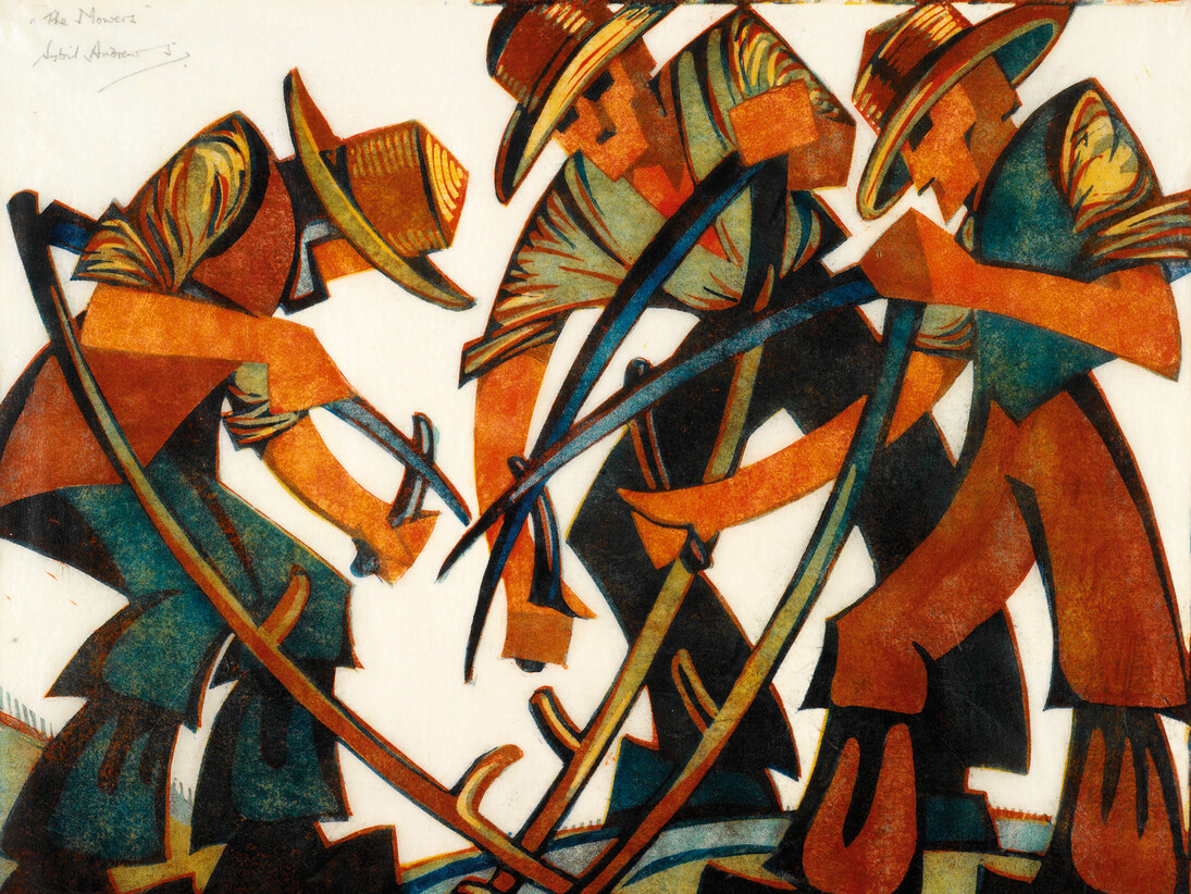 Mowers by Sybil Andrews. Image Courtesy of Osborne Samuel gallery