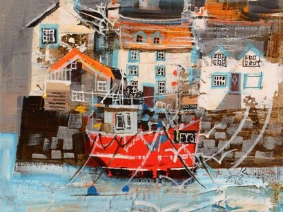 Mike Bernard RI, Harbour Quay, Polperro, mixed media on canvas, 12 x 12 ins (30 x 30 cms)