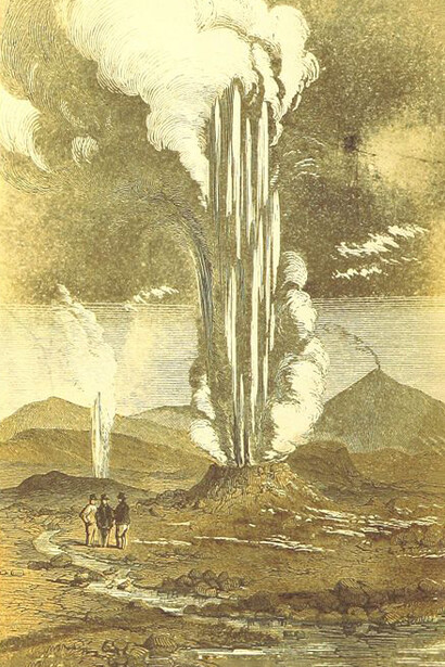 The geysers, ilustración incluida en "Visit to Iceland and the Scandinavian North" (1853) de Ida Laura Pfeiffer