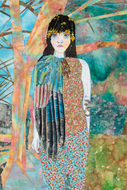 Maria Berrio. The Nightingale 3 (2017), collage w/ Japanese paper on canvas, 60” x 48”