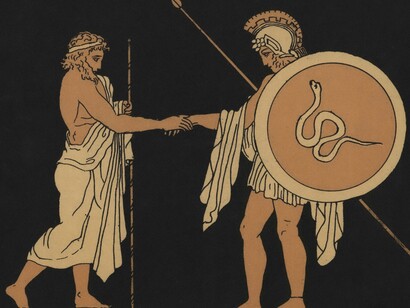 La ilustración muestra al rey Pelias y el héroe Jasón, personajes del mito griego de los Argonautas. Representa los temas del destino, la retórica heroica y el poder político