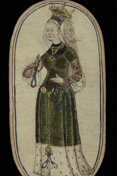 Queen of Nooses, from The Cloisters Playing Cards
South Netherlandish, Burgundian territories, ca. 1475–80
Paper (four layers in pasteboard) with pen and ink, opaque paint, glazes, and applied
silver and gold
5 3/16 × 2 ¾ in. (13.2 × 7 cm)
The Metropolitan Museum of Art, New York, The Cloisters Collection, 1983
(1983.515.41)
Image: © The Metropolitan Museum of Art, New York