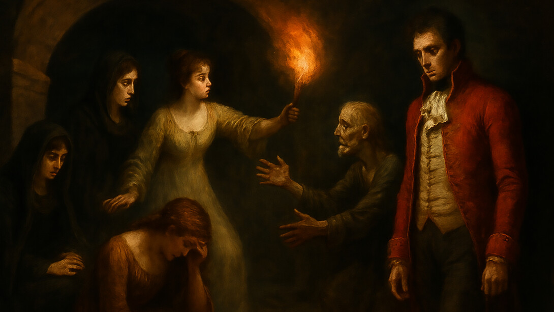 A haunting moment unfolds in a dimly lit dungeon, where grief, fear, and desperation converge—capturing the gothic intensity and emotional turmoil of The Mysterious Warning by Eliza Parsons