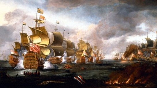 Adriaen van Diest, The Battle of Lowestoft, about 1690. Oil paint on canvas; 40 3/4 x 71 1/4 in. Promised Gift of the Berger Collection Educational Trust