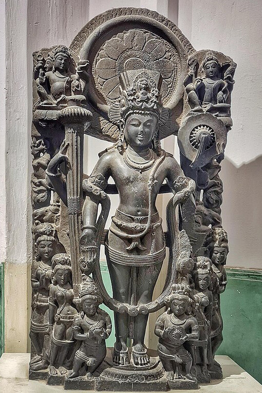 Black stone sculpture of Chaturbhuj Vishnu, Sambhar, India