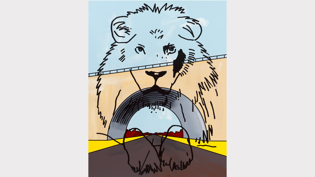 Adam McEwen,
Lion/Portal, 2024. Acrylic on canvas, 72 x 57 x 1 1/2 inches (182.9 x 144.8 x 3.8
cm)
© Adam McEwen Photo: Maris Hutchinson Courtesy the artist and Gagosian