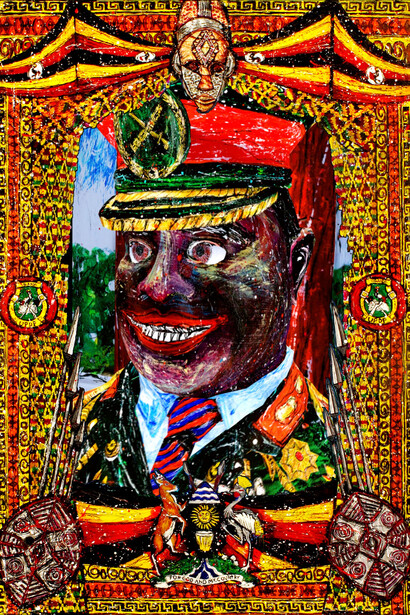 The Almighty of Africa (Ida Amin Dada – Uganda), 2015, acrylic, gold leaf, mixed media with LCD screen and video. 24 x 16 inches
