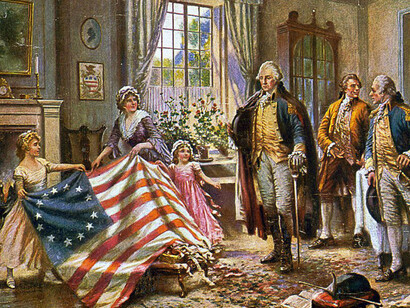 “The Birth of Old Glory” (c. 1917) depicts Betsy Ross presenting the first “Betsy Ross flag” to George Washington