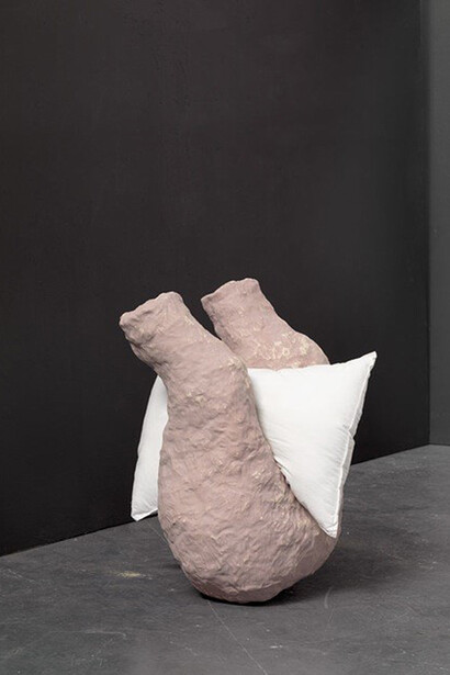 Katie Cuddon, A Problem Of Departure, 2013. Painted ceramic, pillow. 65 x 43 x 40cm  