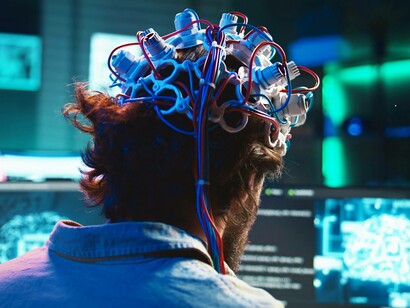 Informatico che collega il cervello al cyberspazio