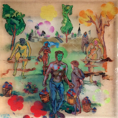 Andrew LeMay Cox. The Wild-Berry Pickers, Ink on cheesecloth, 20x23 cm, 2017