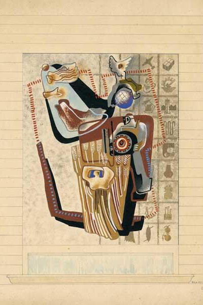 Enrico Prampolini, Bozzetto de Le Corporazioni, mosaico per il Museo delle Arti e Tradizioni Popolari, 1941, tempera su cartoncino, 39 x 33 cm, Roma, Collezione privata