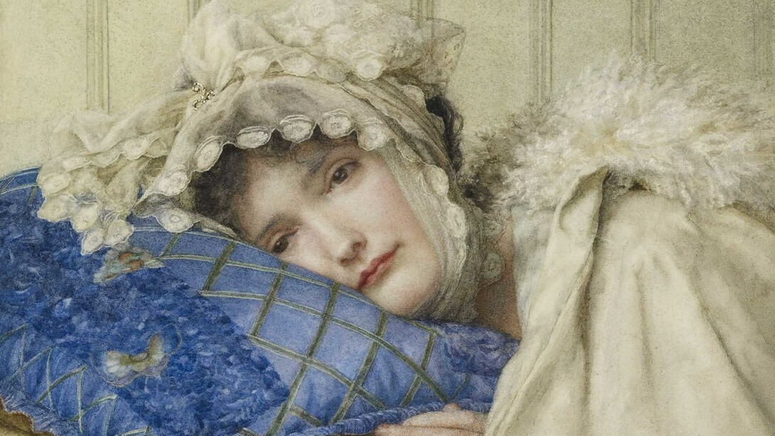 Anna Alma-Tadema (1867–1943), Girl in a Bonnet with her Head on a Blue Pillow, 1902, Watercolour on paper, 36.6 x 26.4 cm © Ashmolean Museum, University of Oxford